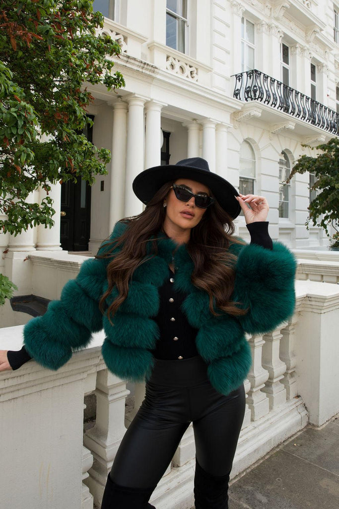 Emerald Green Luxury Fur 5 Row Cropped Sleeve Jacket - H&L