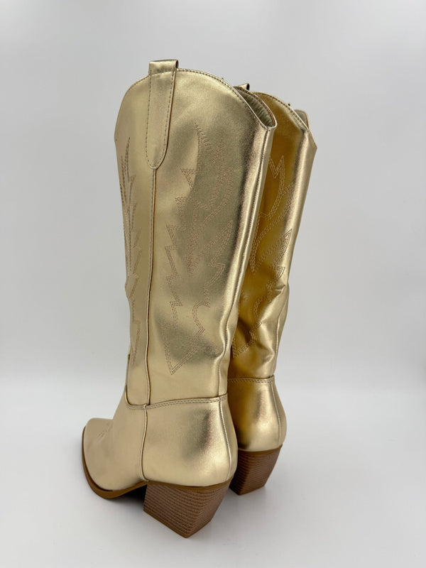 Gold Faux Leather Embroidered Cowboy Boots - H&L