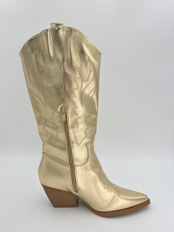 Gold Faux Leather Embroidered Cowboy Boots - H&L