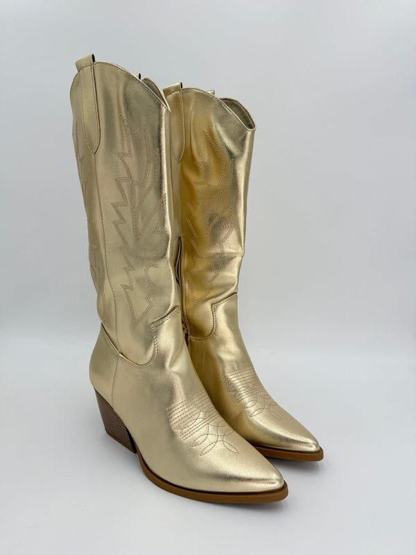 Gold Faux Leather Embroidered Cowboy Boots - H&L