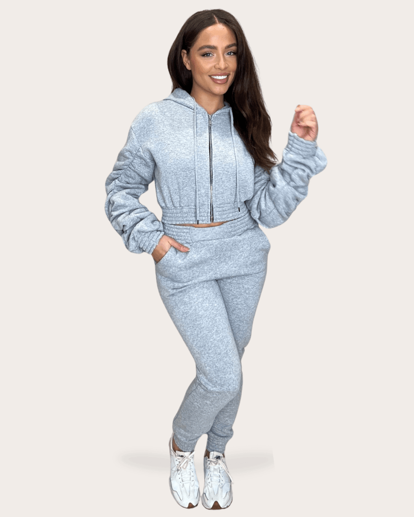 Grey Hooded Ruched Sleeve Tracksuit - H&L