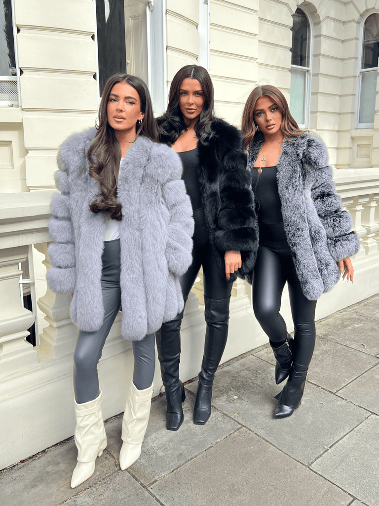 Grey Luxury Fur Mid Length Coat - H&L