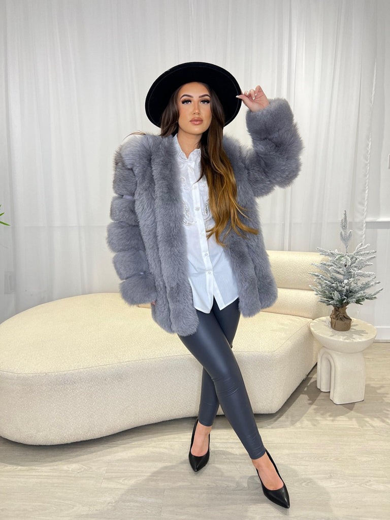 Grey Luxury Fur Mid Length Coat - H&L