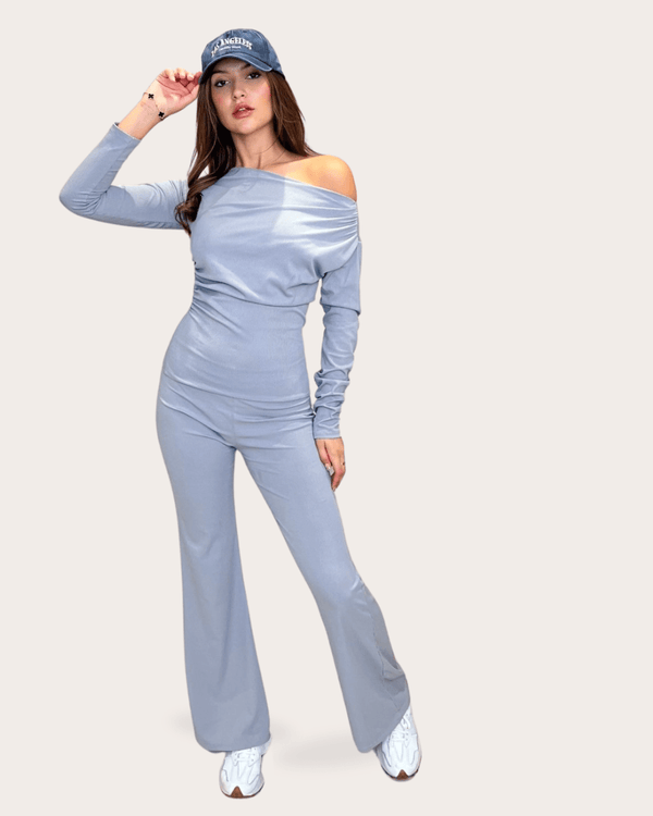 Grey Ruched Side Top And Wide Leg Trouser Set - H&L