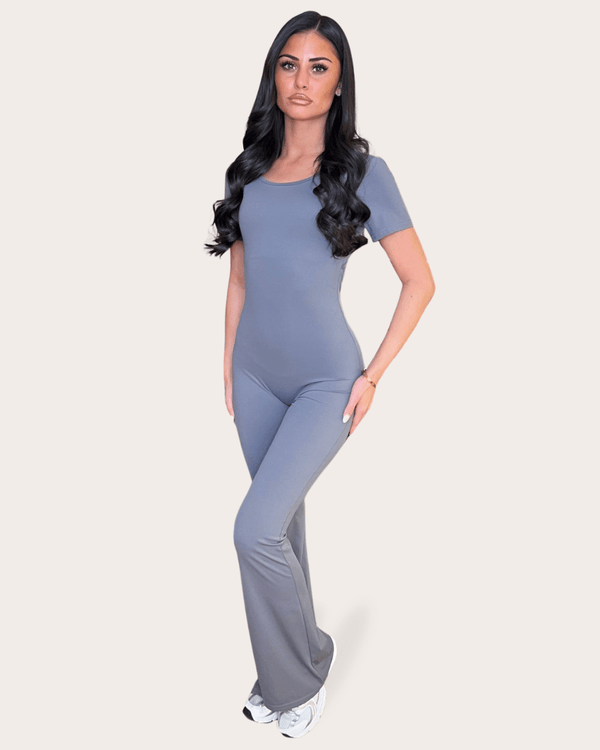 Grey Short Sleeve Cut Out Back Unitard - H&L