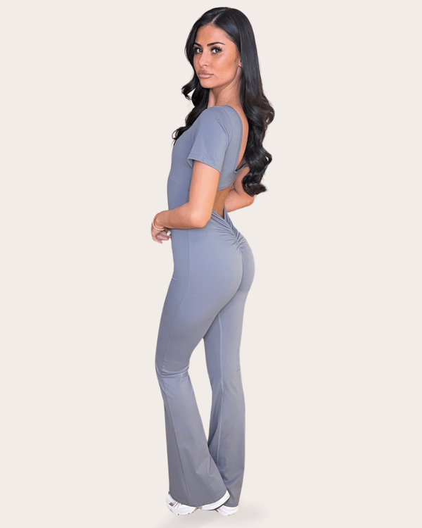 Grey Short Sleeve Cut Out Back Unitard - H&L