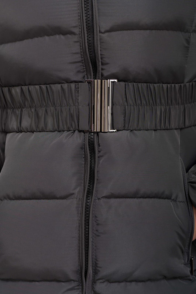 Grey/Natural Fur Luxury Fur Padded Belted Coat - H&L