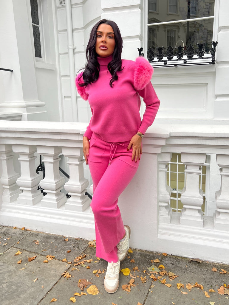 Hot Pink Luxury Fur Roll Neck Wide Leg Tracksuit - H&L