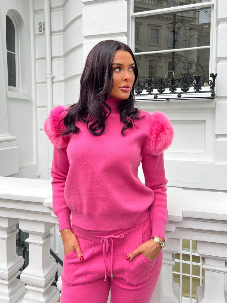 Hot Pink Luxury Fur Roll Neck Wide Leg Tracksuit - H&L