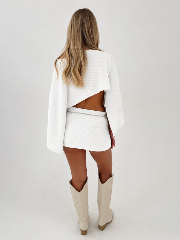 PRE-ORDER CHELSEY | White Asymmetrical Cape Top & Sarong Style Skirt - HL London