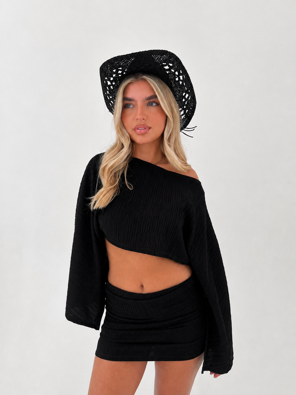 PRE-ORDER CHELSEY | Black Asymmetrical Cape Top & Sarong Style Skirt - HL London