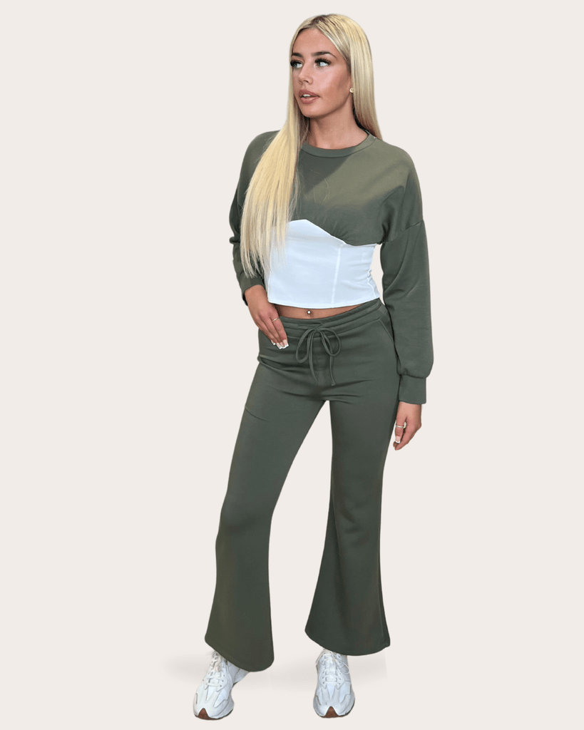 Khaki Contrast Panel Top And Wide Leg Trousers - H&L