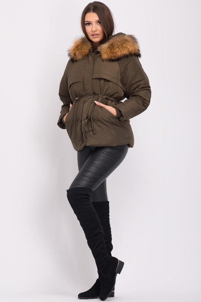 Khaki Luxury Fur Padded Stopper Drawstring Coat - H&L