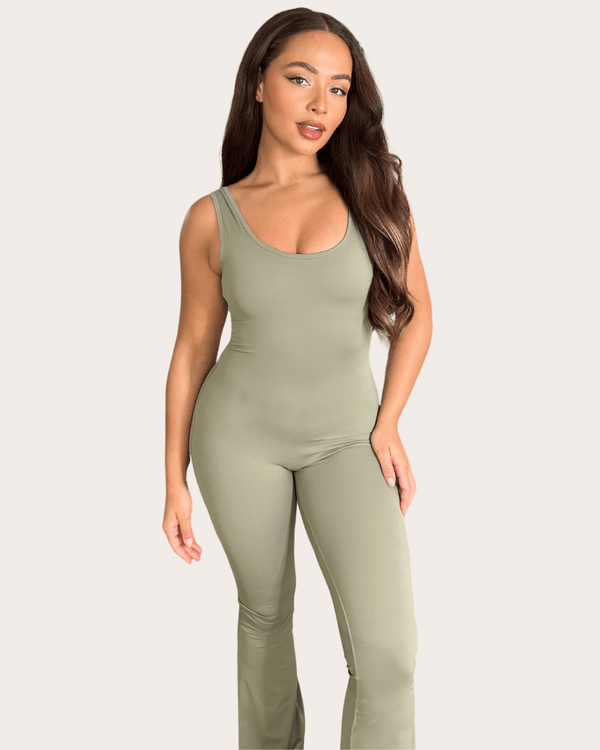 Khaki Sleeveless Cut Out Back Unitard - H&L