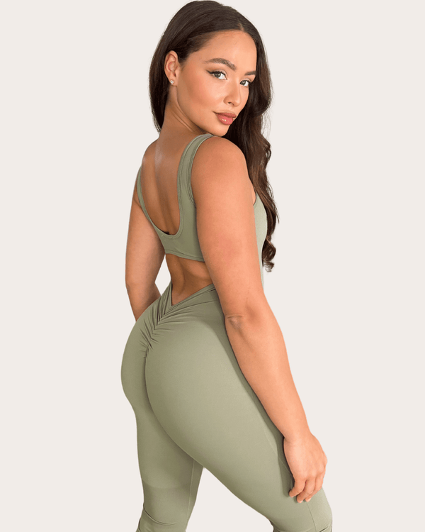 Khaki Sleeveless Cut Out Back Unitard - H&L