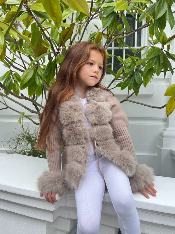 Kids Beige Premium Faux Fur Cardigan - H&L
