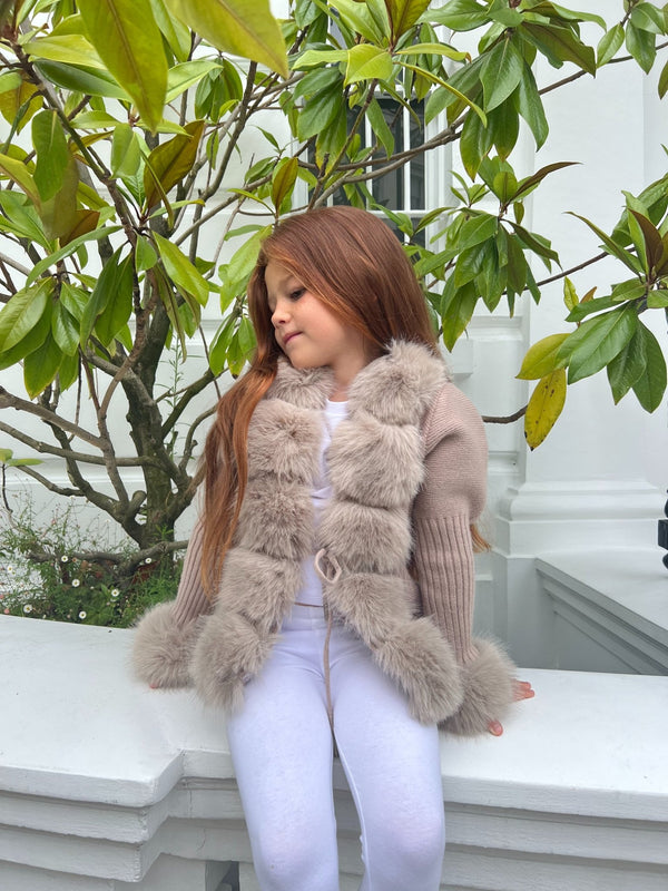 Kids Beige Premium Faux Fur Cardigan - H&L