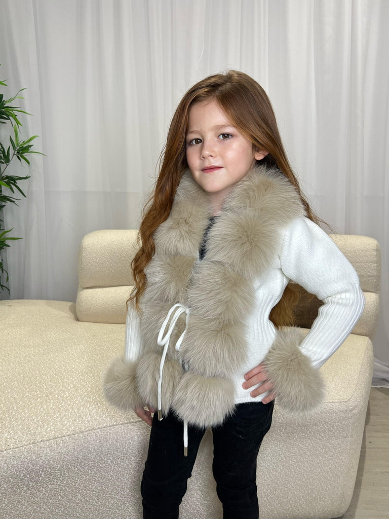 Kids Cream/Beige Luxury Fur Cardigan - H&L