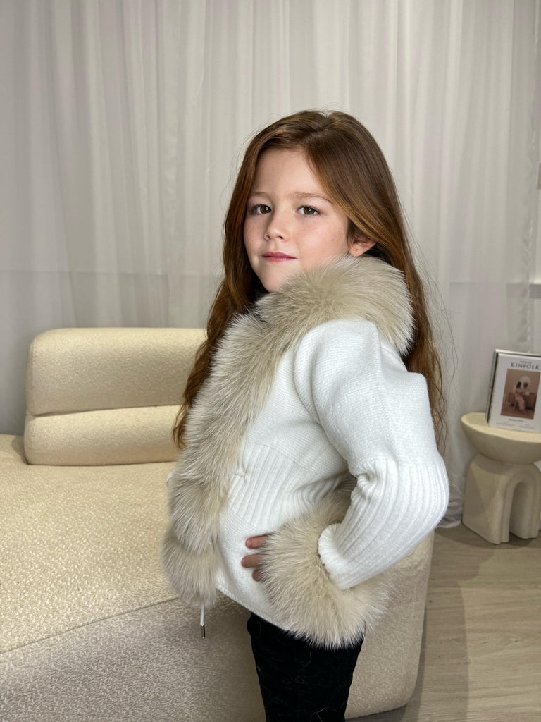 Kids Cream/Beige Luxury Fur Cardigan - H&L