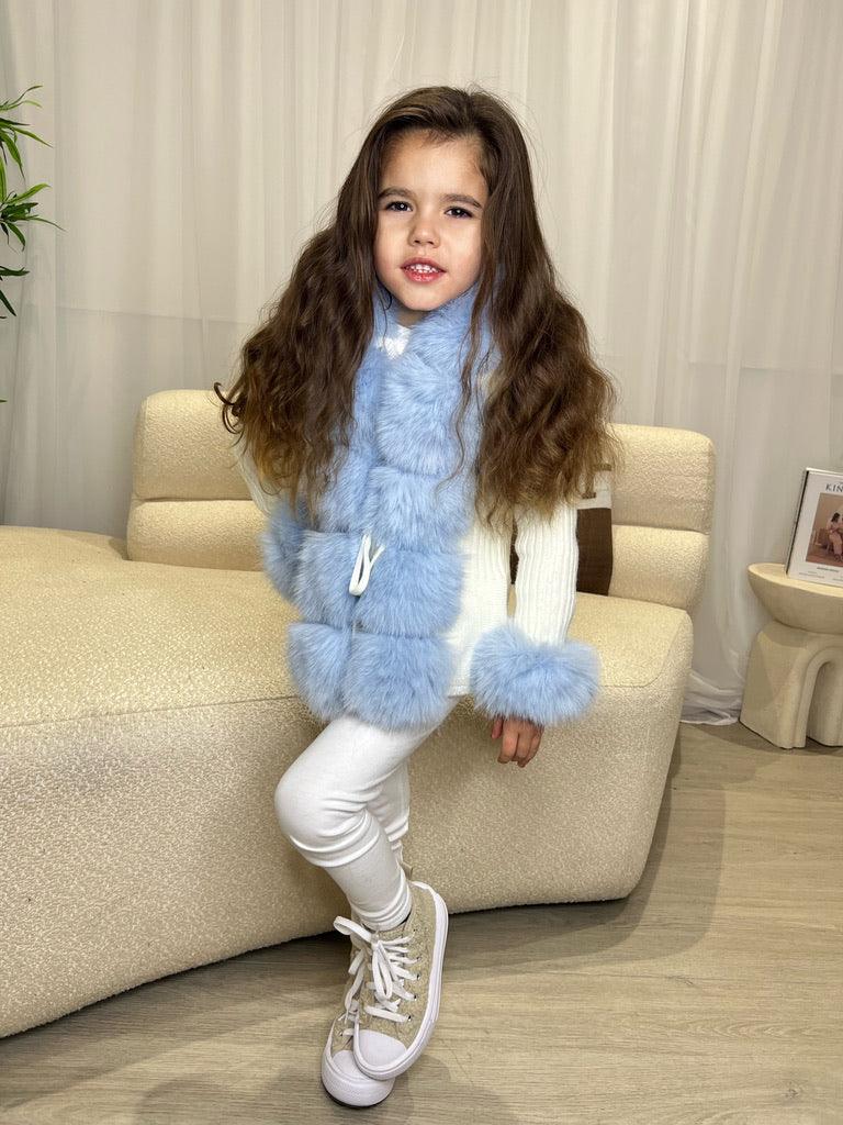 Kids Cream/Blue Premium Faux Fur Cardigan - H&L