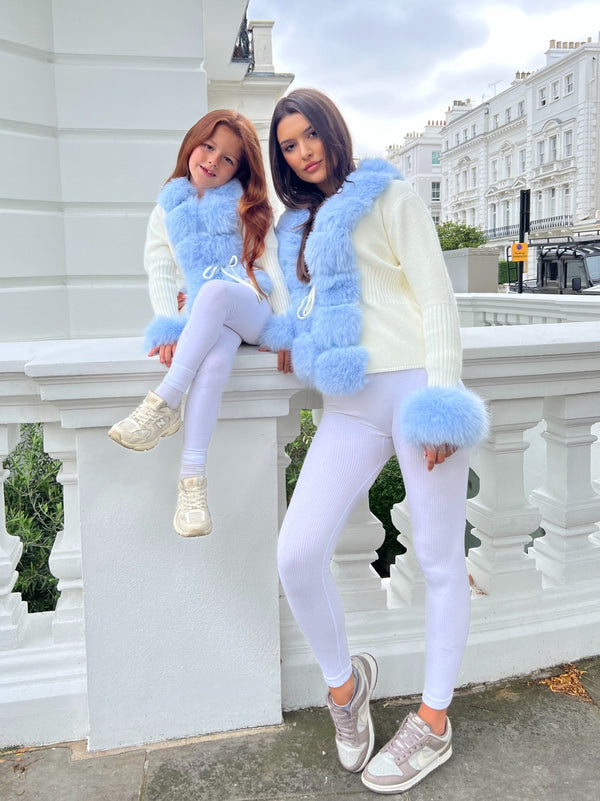 Kids Cream/Blue Premium Faux Fur Cardigan - H&L