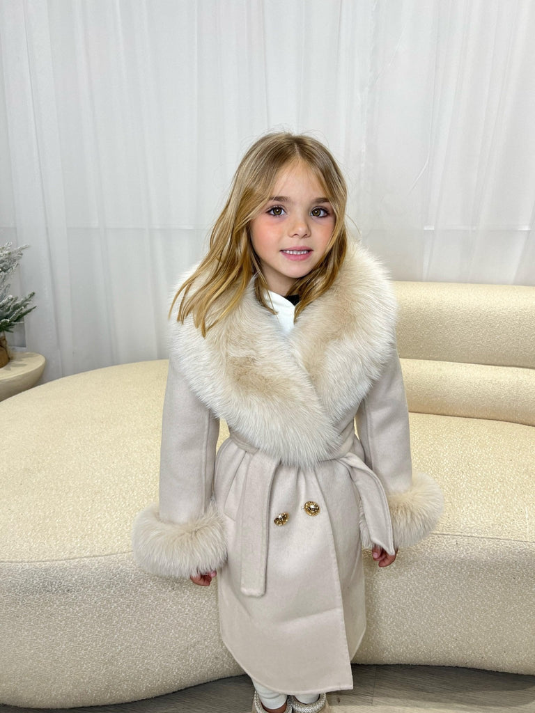 Kids Light Beige Luxury Fur Cashmere Coat - H&L