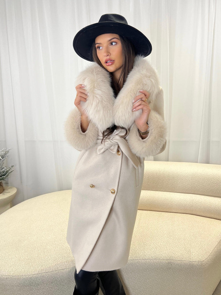 Light Beige Luxury Fur Cashmere Coat - H&L