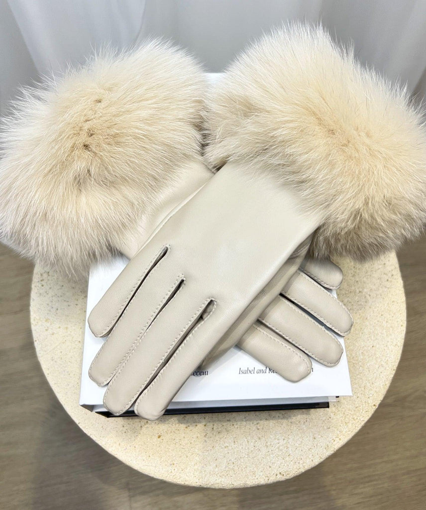 Light Beige Luxury Fur Leather Gloves - H&L