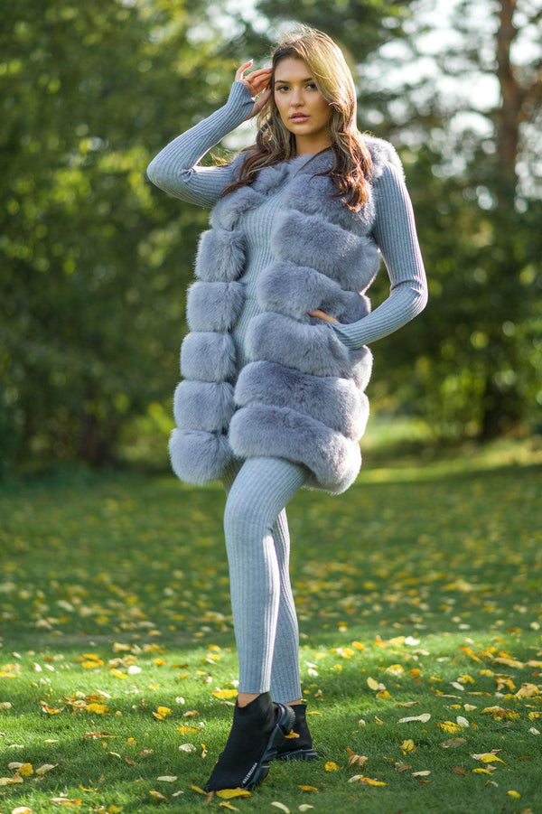 Light Grey Premium Faux Fur Longline Gilet - H&L