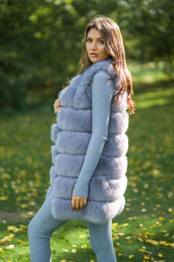 Light Grey Premium Faux Fur Longline Gilet - H&L