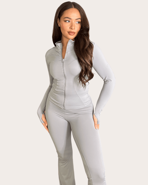 Light Grey Zip Jacket Wide Leg Trouser Gym Set athleisure outfit, angled studio view