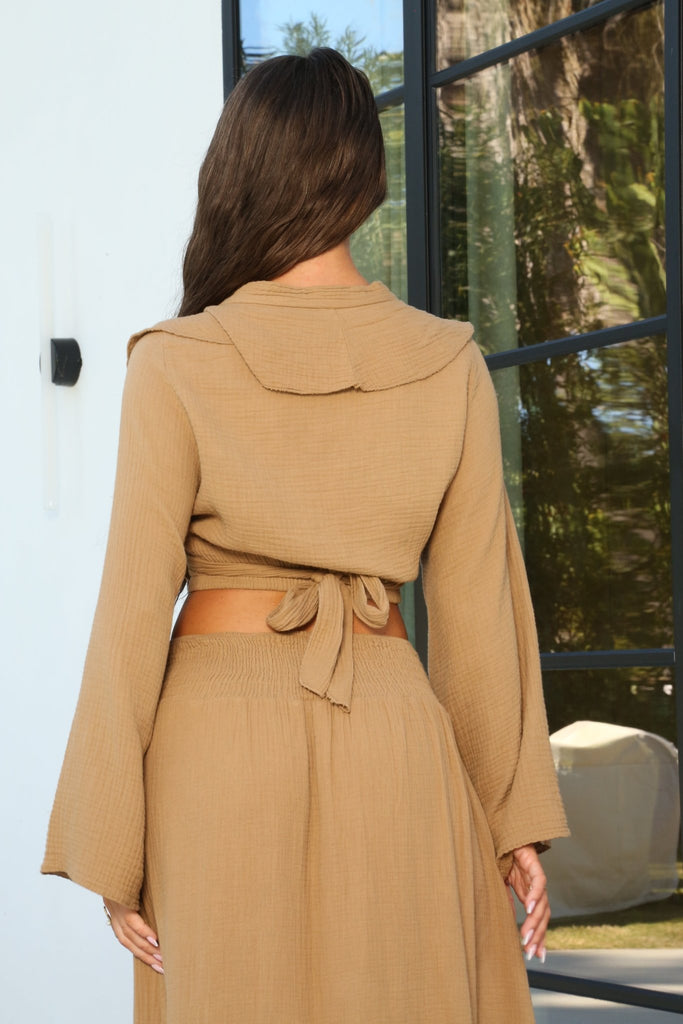 Mia Sully Santorini Dark Beige Frill Wrap Cropped Top - H&L