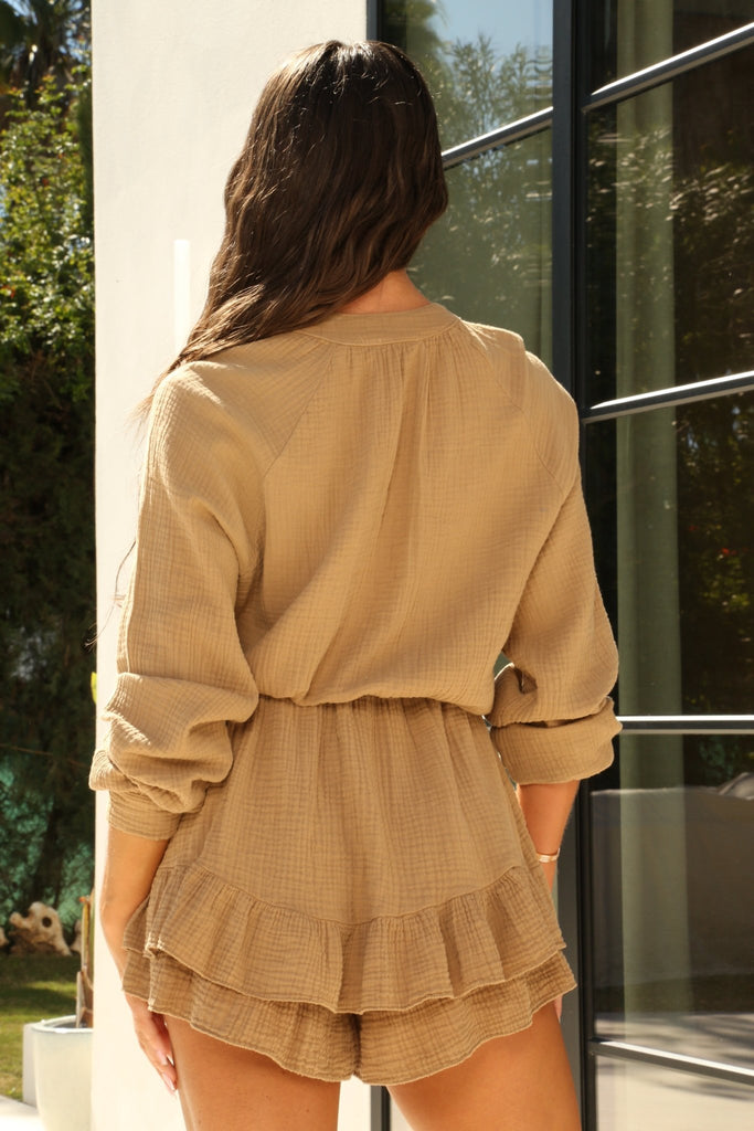 Mia Sully Santorini Dark Beige Tie Front Frill Hem Playsuit - H&L