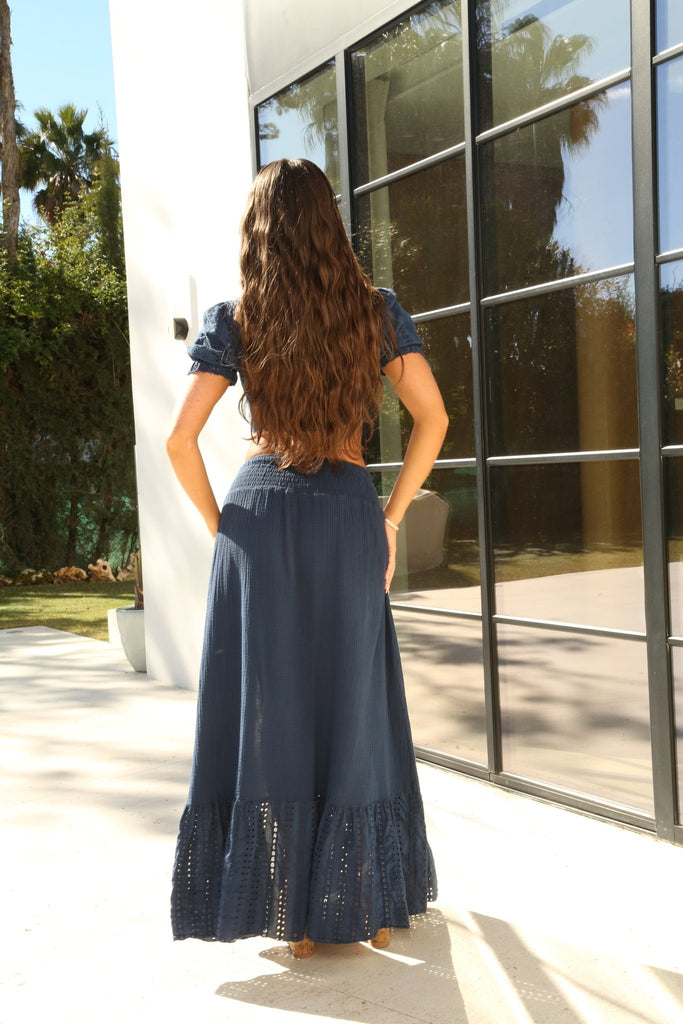 Mia Sully Santorini Navy Broderie Anglaise Puff Sleeve Cropped Top - H&L