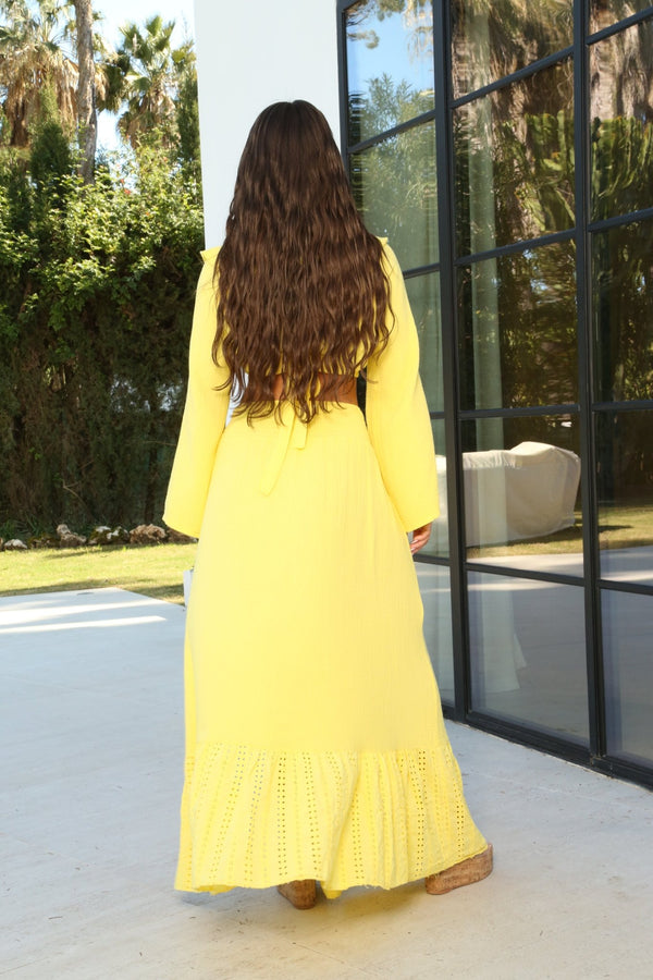 Mia Sully Santorini Yellow Broderie Anglaise Frilled Hem Maxi Skirt - H&L