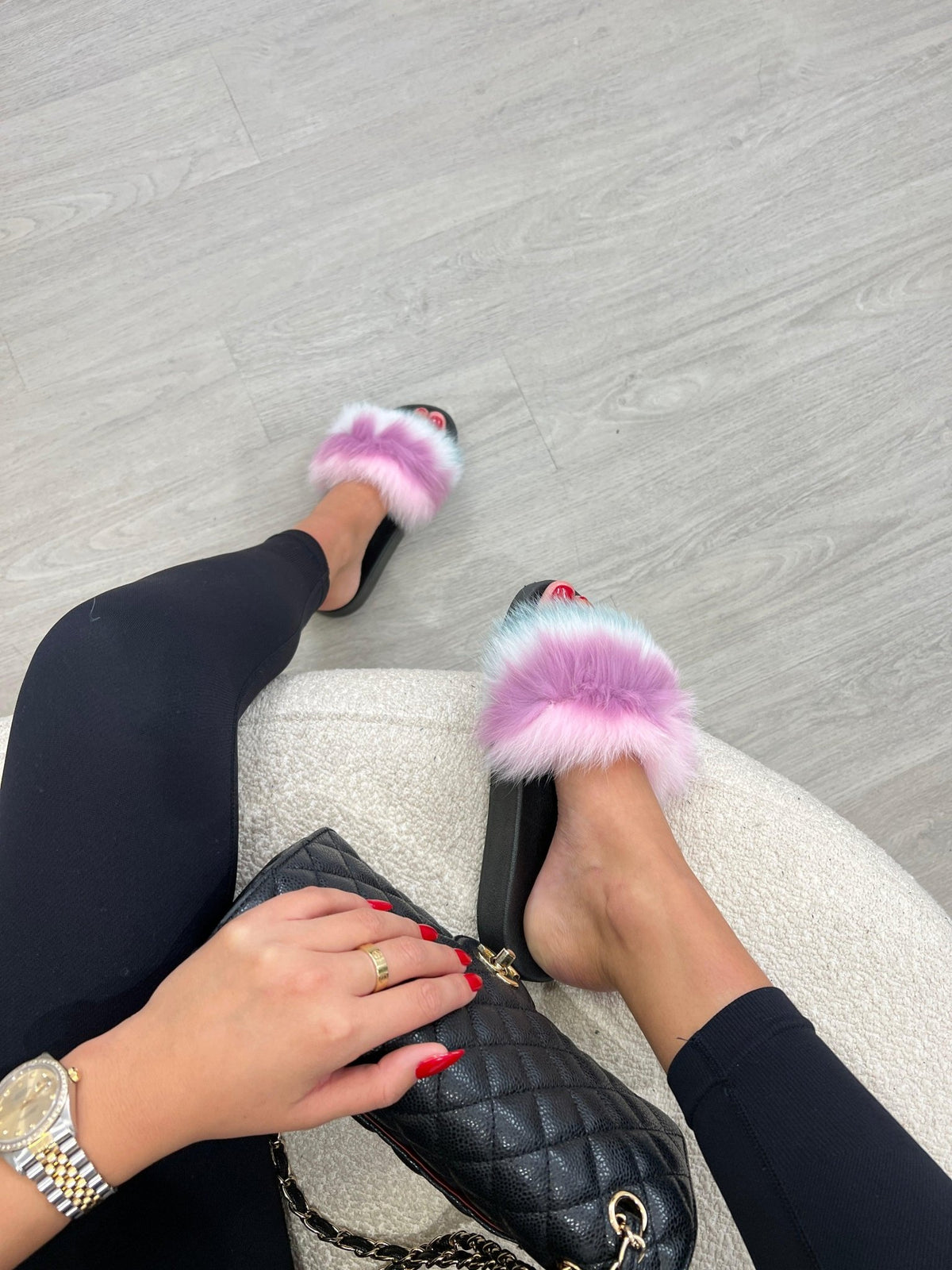 Tone Pink Blue White Luxury Fur Sliders
