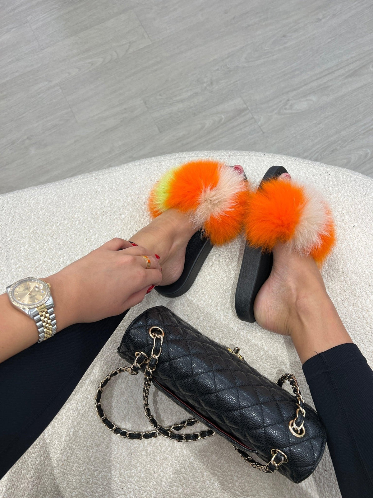 Tone Yellow Orange White Luxury Fur Sliders
