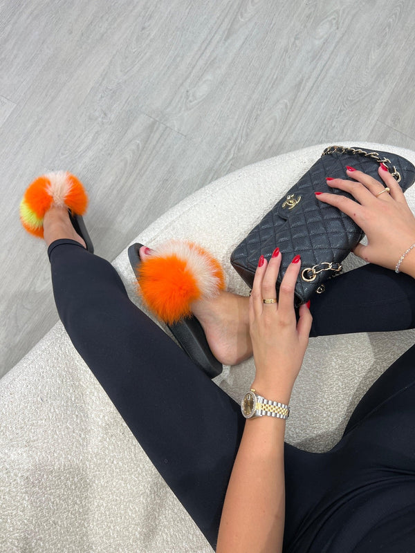 Multi Tone Yellow/Orange/White Luxury Fur Sliders - H&L