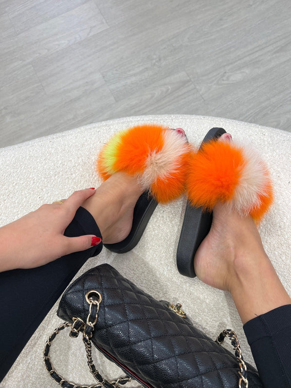 Multi Tone Yellow/Orange/White Luxury Fur Sliders - H&L