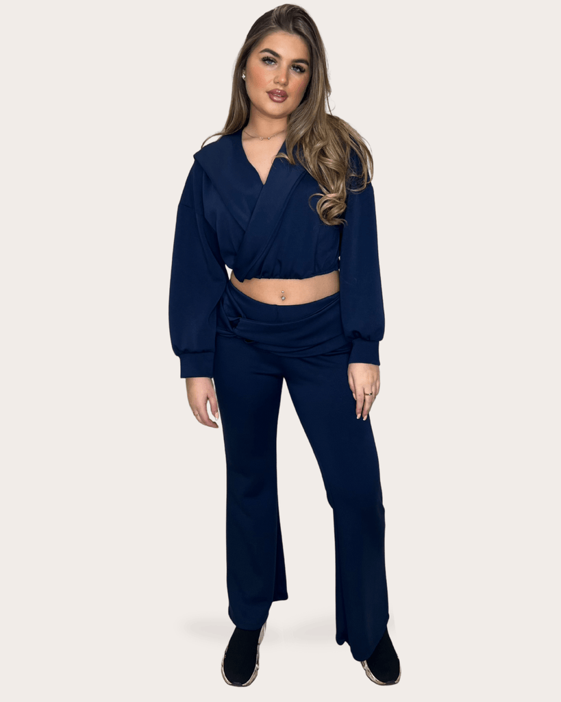Navy Draped Hooded Cropped Top With Ruched Waistband Wide Leg Trousers - H&L