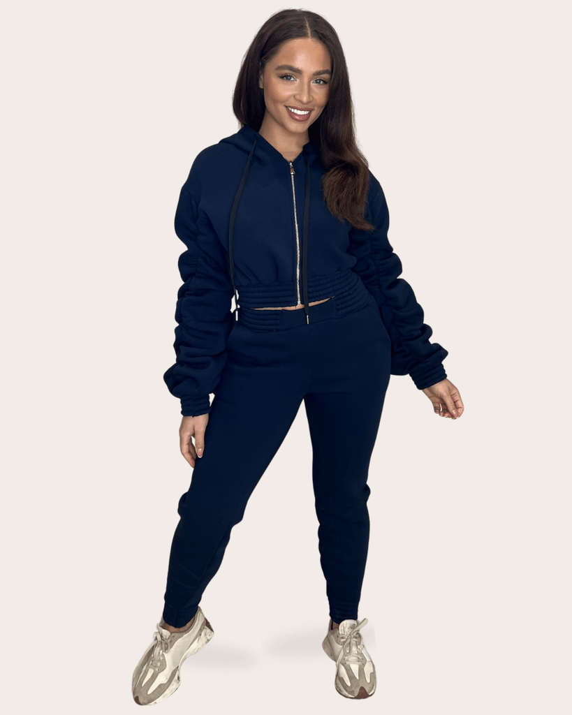 Navy Hooded Ruched Sleeve Tracksuit - H&L