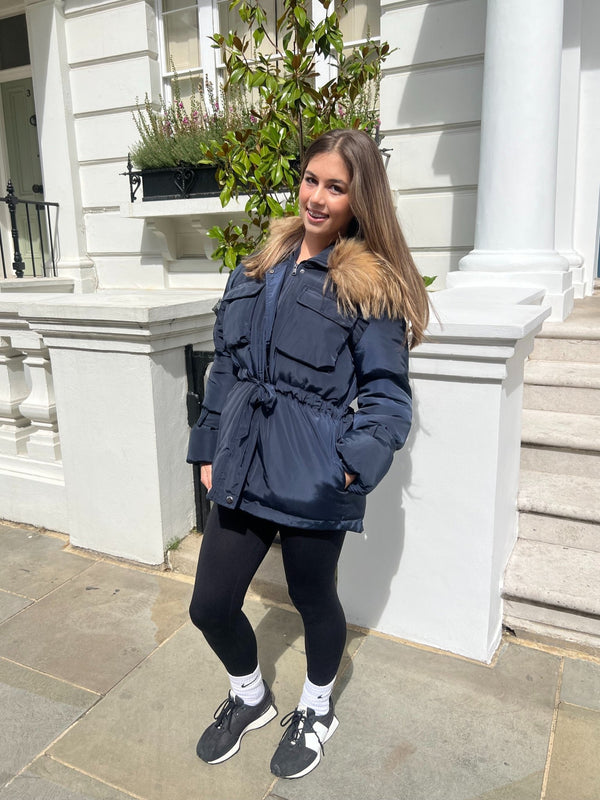 Navy/Natural Drawstring Luxury Fur Padded Belted Coat - H&L