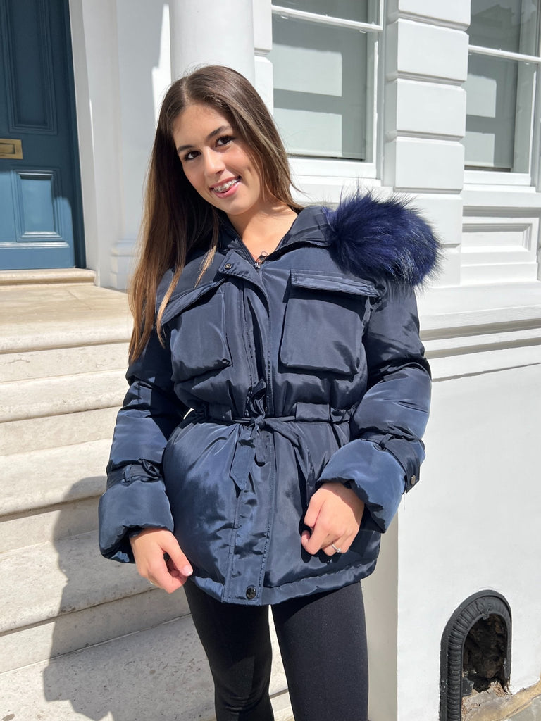 Navy/Navy Drawstring Luxury Fur Padded Belted Coat - H&L