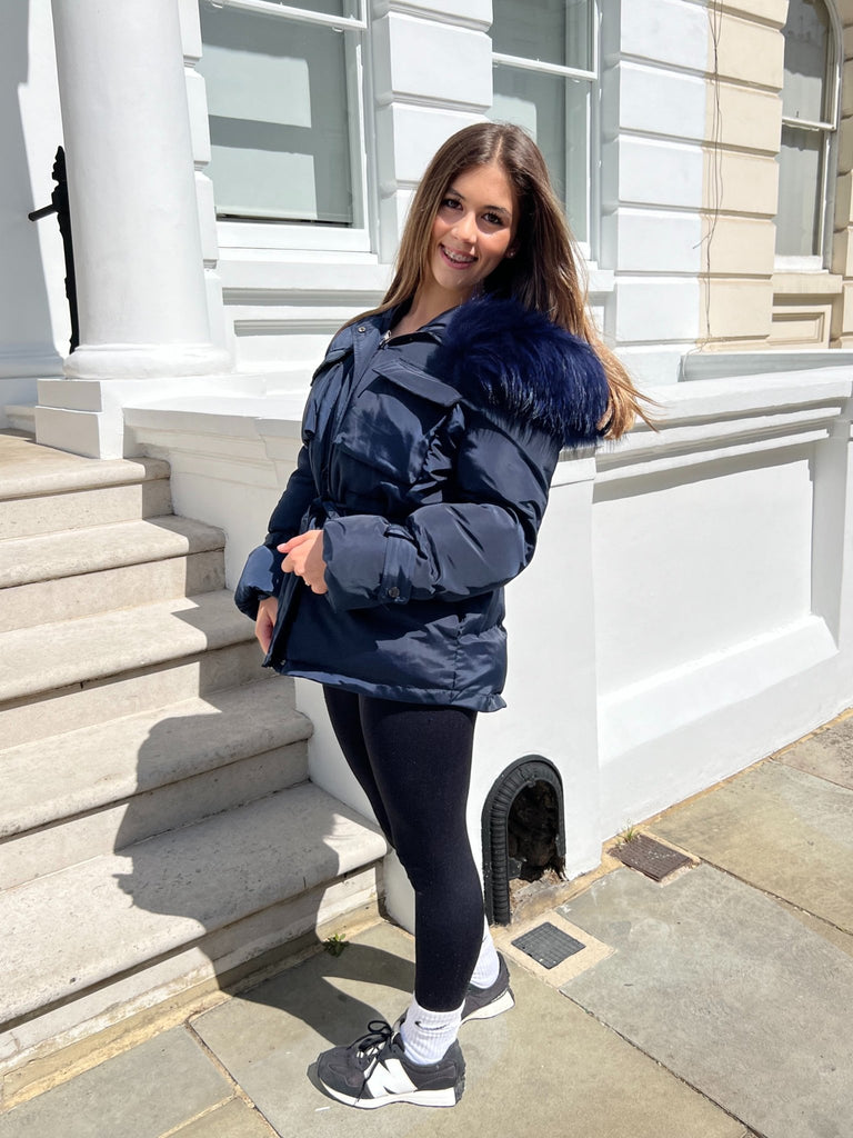 Navy/Navy Drawstring Luxury Fur Padded Belted Coat - H&L