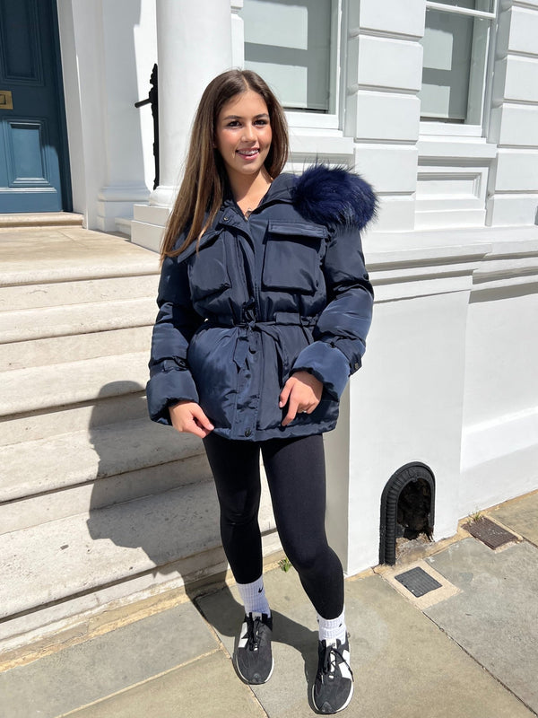 Navy/Navy Drawstring Luxury Fur Padded Belted Coat - H&L