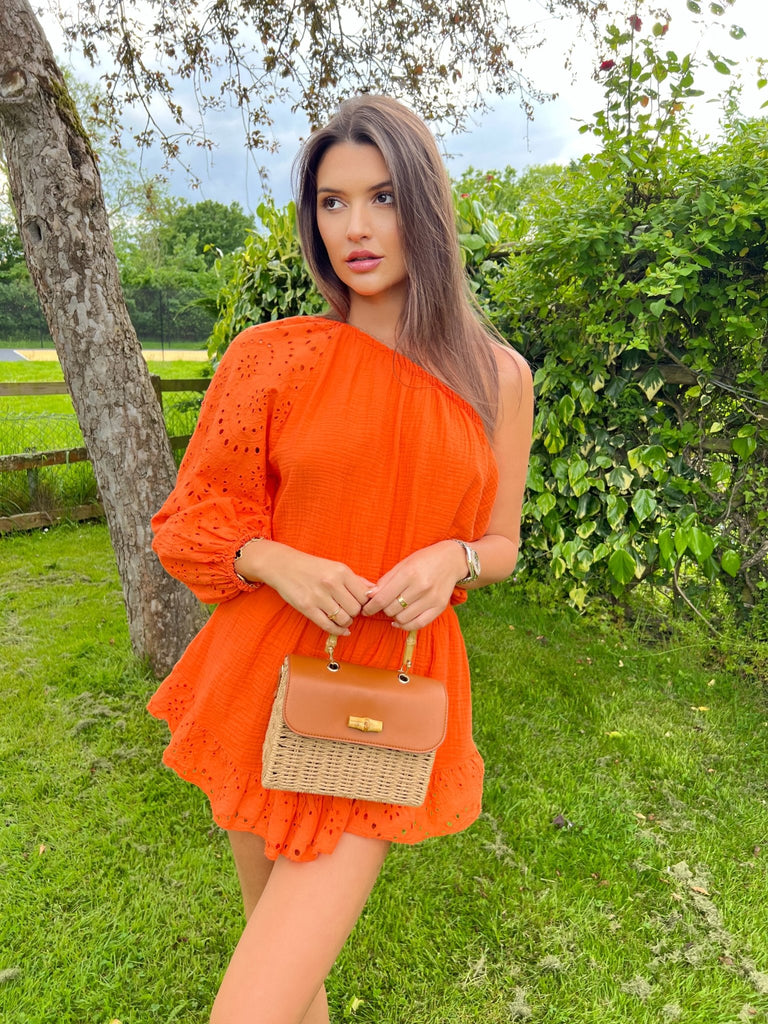 Orange Santorini Broderie Anglaise One Sleeve Playsuit With Skirt Overlay - H&L