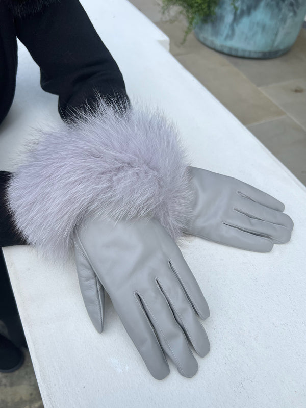 Grey Luxury Fur Leather Gloves
