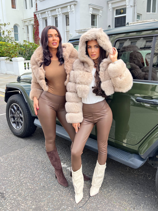 Dark Beige Luxury Fur Hooded Jacket