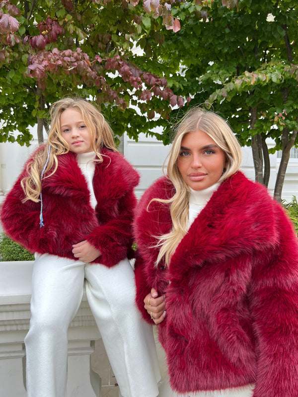 Burgundy Childrens Collared Faux Fur Coat