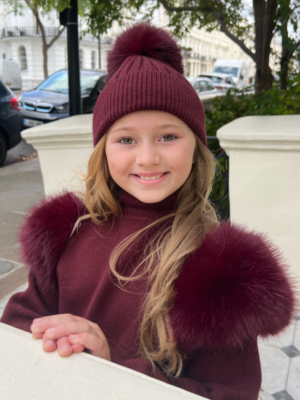 Childrens Burgundy Premium Faux Fur Bobble Hat